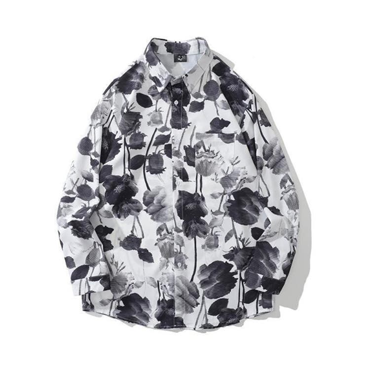 楽天市場】柄シャツ 花柄 水墨画風 白黒 モノクロ ローズ バラ