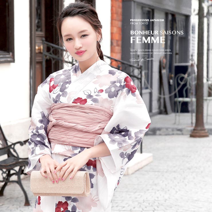 【10％OFFクーポン！5/7(木)9:59まで】SOUBIEN 浴衣 3点セット（浴衣/兵児帯/下駄） bonheur saisons 白 オフホワイト 薄藍 赤 椿 ツバキ つばき ラメ 綿麻 花火大会 夏祭り 浴衣セット ゆかた 女性 レディース