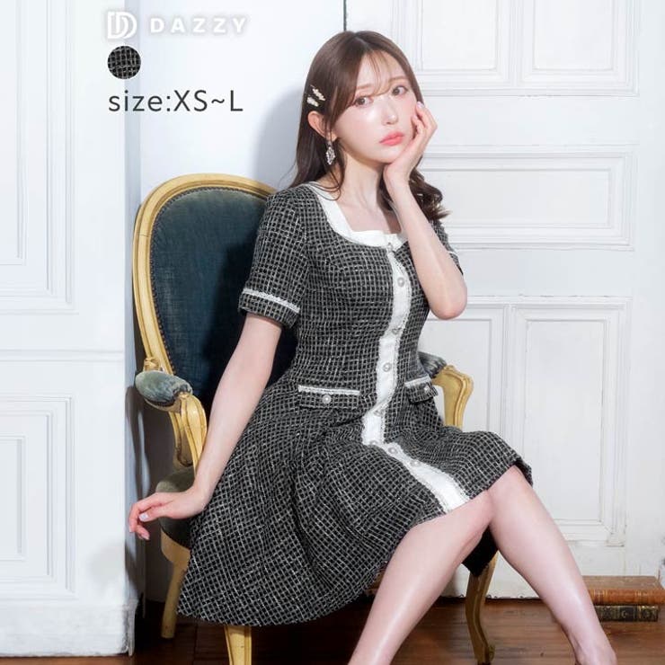 Dazzy [XS~Lサイズ]モノトーンチェックパールビジューレースライン半袖Aラインミニドレス ワンピース・ドレスDazzy [XS~Lサイズ]モノトーンチェックパールビジューレースライン半袖Aライン