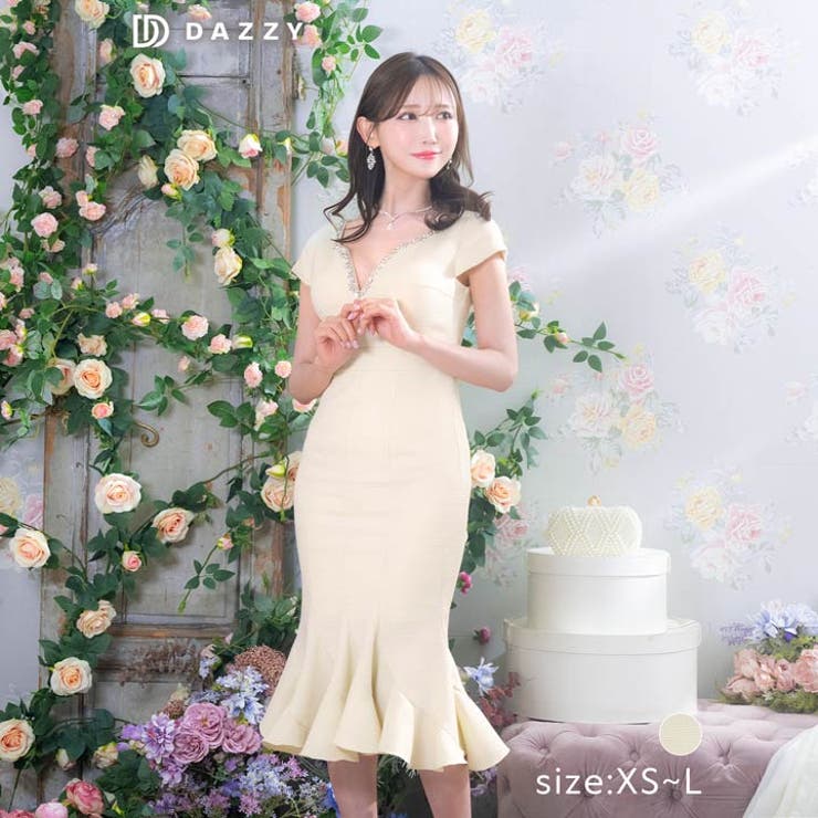 Dazzy [SMサイズ]ツイードビジューVネックフレンチスリーブマーメイド膝丈ドレス ワンピース・ドレスDazzy [SMサイズ]ツイードビジューVネックフレンチスリーブマーメイド膝丈ドレス ワンピー