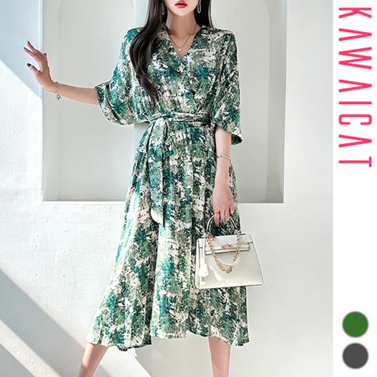 【10%OFFクーポン!7/26(日)1:59まで】KawaiCat ワンピース レディース 七分袖 フレア Aライン ロング丈 マキシ丈 ミモレ丈 ハイウエスト マーメイド Vネック カシュクール 上品 きれいめ 春 夏 韓国 to27422 ワンピー|SHOPLIST