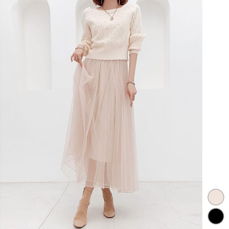 【10％OFFクーポン！7/26(日)1:59まで】KawaiCat セットアップ ワンピース レディース ツーピース アンサンブル ニット 異素材 重ね着 レイヤード 長袖 ロング丈 マキシ丈 ミモレ丈 メッシュ Aライン フレア カジュアル 上品 き｜SHOPLIST