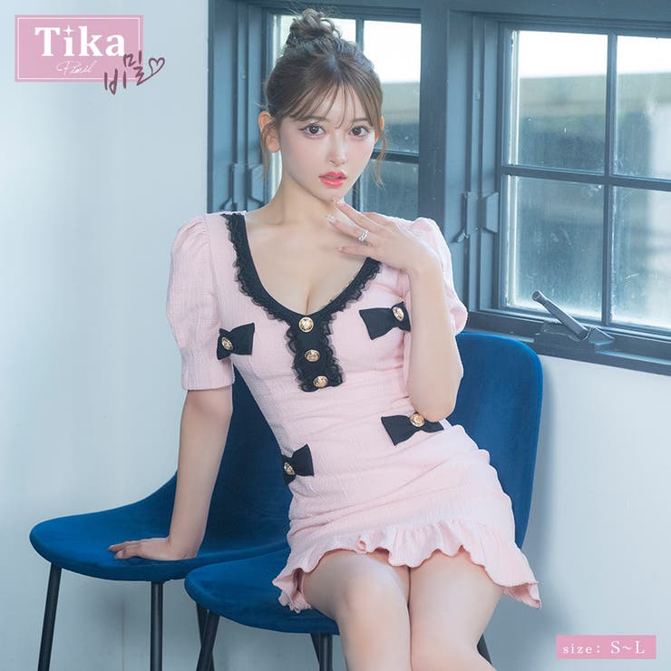 【10%OFFクーポン!7/26(日)1:59まで】Tika Tika 韓国キャバドレス ブラックレース×リボンデザイン裾フリルタイトミニドレス ガーリードレス 袖あり 半袖 タイトドレス S-Lサイズ ピンク 黒崎みさ ワンピース・ドレス|SHOPLIST