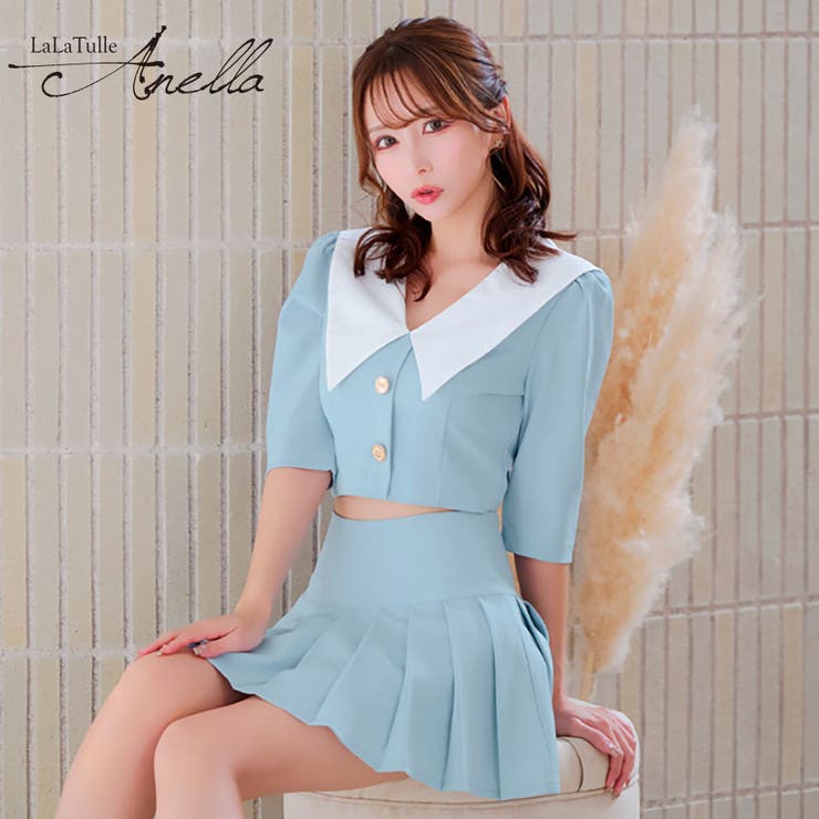 【10%OFFクーポン!7/26(日)1:59まで】Tika Tika 韓国キャバドレス 襟デザインVネックトップス×プリーツスカートセットアップミニドレス ガーリー 袖あり 五分袖 セーラー風 S-Mサイズ ホワイト ライトブルー 伊藤舞雪 Anell|SHOPLIST