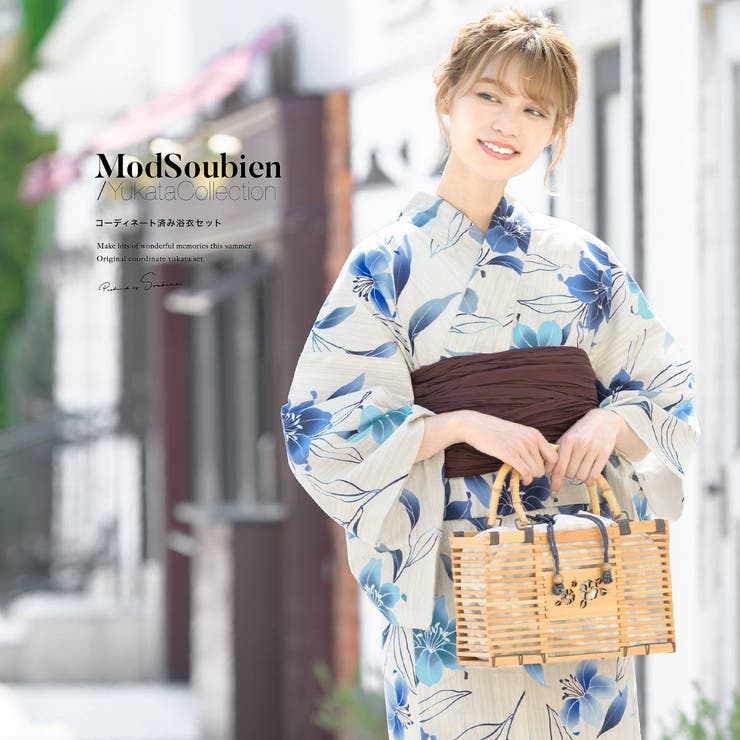 【10％OFFクーポン！7/26(日)1:59まで】SOUBIEN 浴衣 セット レディース レトロ 浴衣セット 大人 3点セット 白 ホワイト 青 ブルー 百合 花 フラワー 吸水速乾 CoolPass 夏祭り 花火大会 女性用 S・フリー【浴衣 セッ｜SHOPLIST