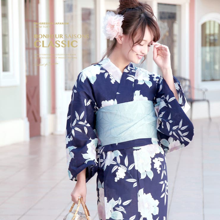 【10％OFFクーポン！7/26(日)1:59まで】SOUBIEN 浴衣　3点セット（浴衣/半幅帯/下駄）　bonheur saisons　紺　ネイビー　白　ホワイト　紫　椿　ツバキ　つばき　葉　ラメ　綿麻　花火大会　夏祭り　浴衣セット　ゆかた　女性　レ｜SHOPLIST