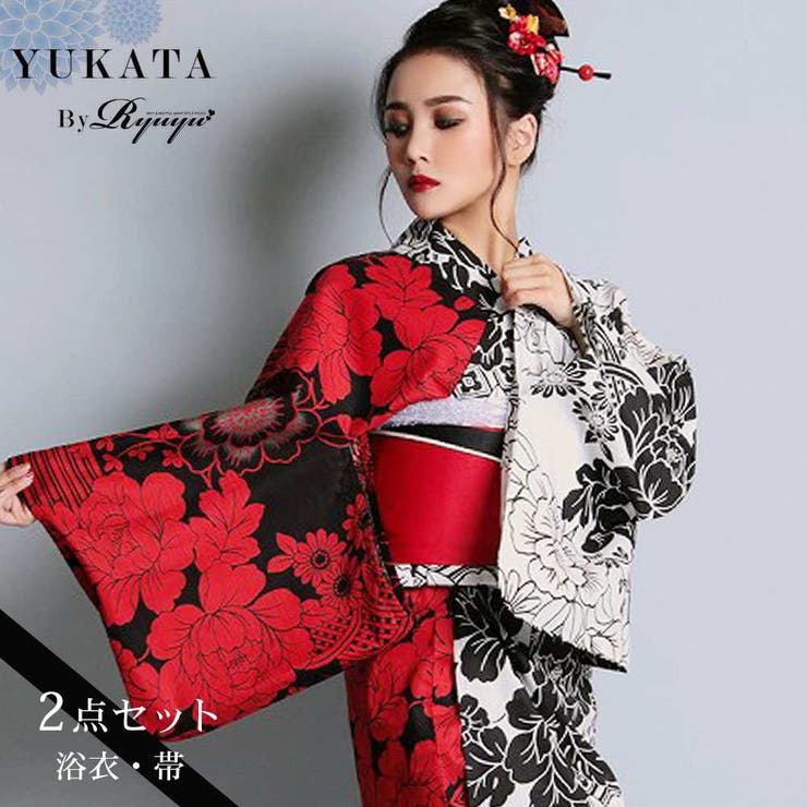 【10%OFFクーポン!7/26(日)1:59まで】Ryuyu 浴衣 牡丹柄 黒 赤 キャバ浴衣 半身柄 高級レディース浴衣 半幅帯 かっこいい 2点セット 大人 Ryuyu 浴衣・着物|SHOPLIST