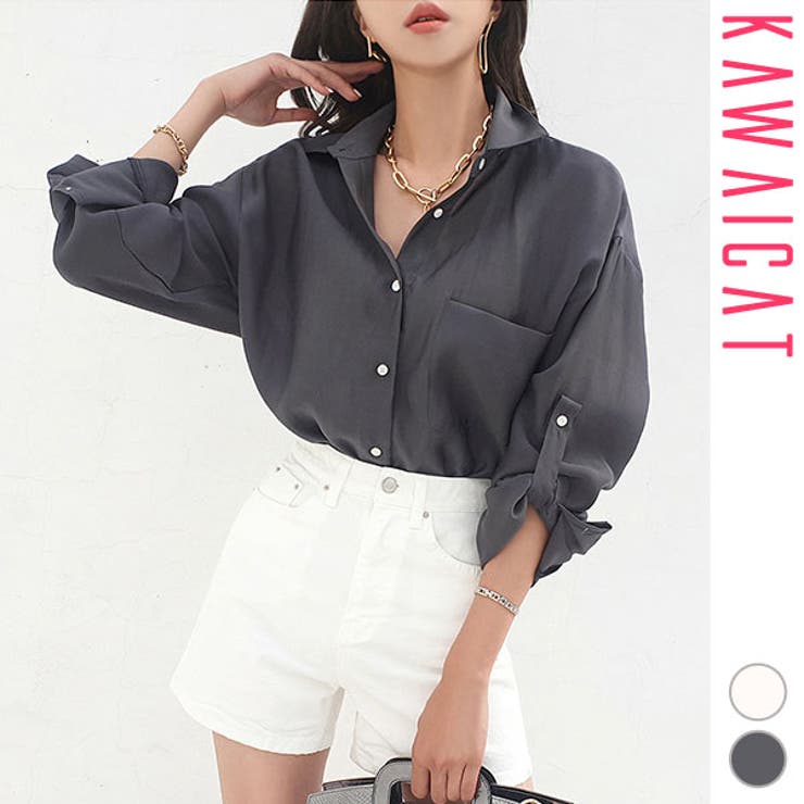 【10％OFFクーポン！7/26(日)1:59まで】KawaiCat ブラウス シャツ レディース トップス 長袖 Vネック ロールアップ 大きいサイズ 上品 きれいめ オフィス おしゃれ 春 夏 白 グレー 通勤 ビジネス お仕事 韓国服 30代 40｜SHOPLIST