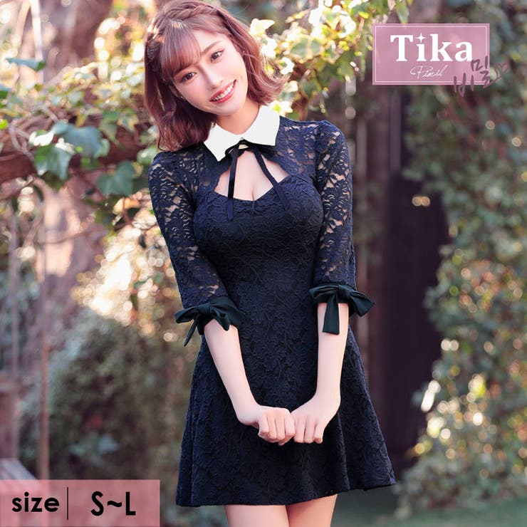 【10％OFF引き換え証！6/11(木)1:59まで】Tika 襟つきデコルテカット総スピード競技Aラインミニドレス 韓国御召しもの ガーリードレス 猥りがましいかわ 袖あり 七分袖 スピード競技袖 シュロの葉 キャバドレス キャバ 御召しもの S-L大きさ 米国海軍 黒崎みさ Tika