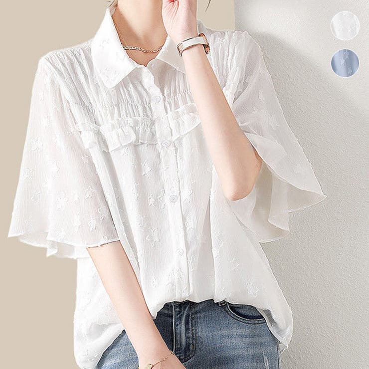 ホワイトフリル半袖ブラウス 楽天市場】【10％OFFクーポン！7/11(土)1:59まで】misweddy フリル