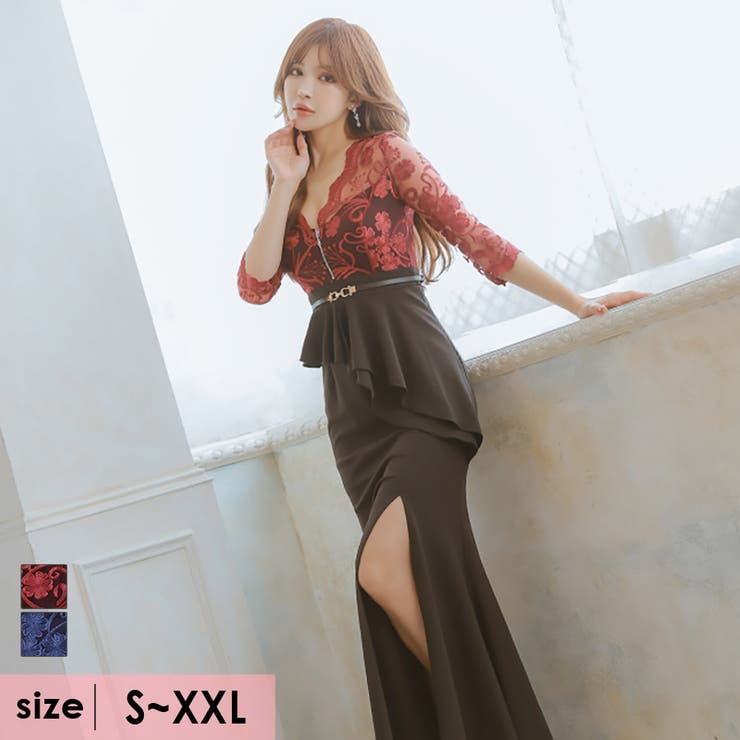 【10％OFF引き換え証！6/11(木)1:59まで】Tika アシンメトリーペプラムスリットロングドレス キャバドレス キャバ 御召しもの 袖あり 七分袖 カクテルドレスルー袖 向こう正面ファスナー ハーフジップ S-XXL大きさ 大層らしい大きさ 黒いこと ブドウ酒赤いこと