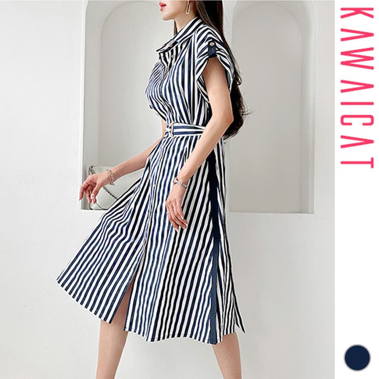 【10%OFFクーポン!7/26(日)1:59まで】KawaiCat ワンピース レディース 半袖 ロールアップ タイト ミモレ丈 ロング丈 マーメイド ハイウエスト フレア Aライン ストライプ 上品 きれいめ おしゃれ カジュアル 春 夏 韓国服 韓|SHOPLIST