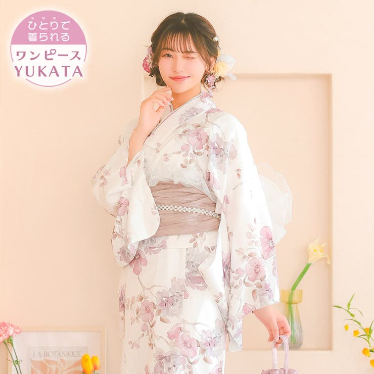 【10％OFF引き換え証！6/11(木)1:59まで】Tika 水彩画フラワーデザインワンピース浴衣3点書き割り 羽織 衣裳 兵児帯 浴衣書き割り レディース浴衣 セパレート セットアップ ガーリー浴衣 sweet浴衣 白いこと 上ノ堀結愛 Tika ティ