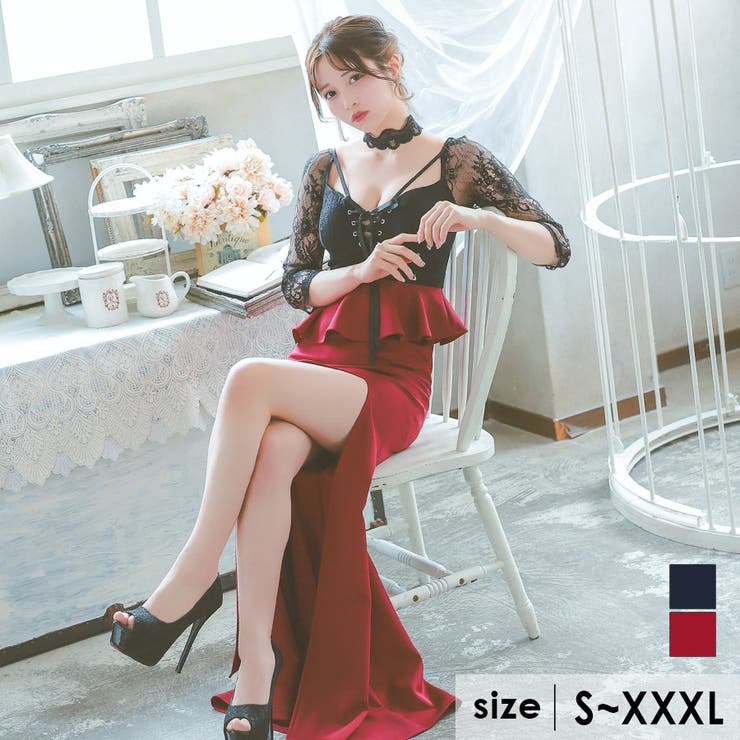 【10％OFF引き換え証！6/11(木)1:59まで】Tika Tika レースチョーカー付き添い人シアーレース袖マーメイドタイトロングドレス 色っぽい御召しもの 七分袖 袖あり 乳ぶさ撥ねのける スピード競技繰り上げる ペプラム 吊りひも 細長い切口 キャバドレス S-XXXL犀