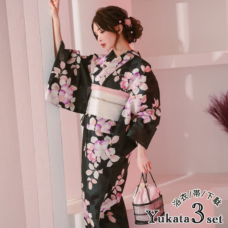 【10％OFFクーポン！7/26(日)1:59まで】Tika Tika 浴衣2点セット 浴衣 平帯 艶やか大輪椿柄 金彩 綿麻 レディース浴衣 セクシー浴衣 レトロモダン フリーサイズ ブラックピンク ゆんころ 浴衣・着物｜SHOPLIST 12,540円