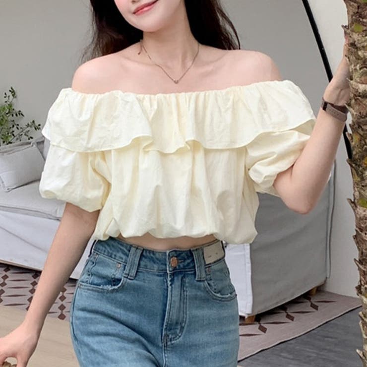 楽天市場】オフショルダー フリル クロップド丈 パフスリーブ ブラウス