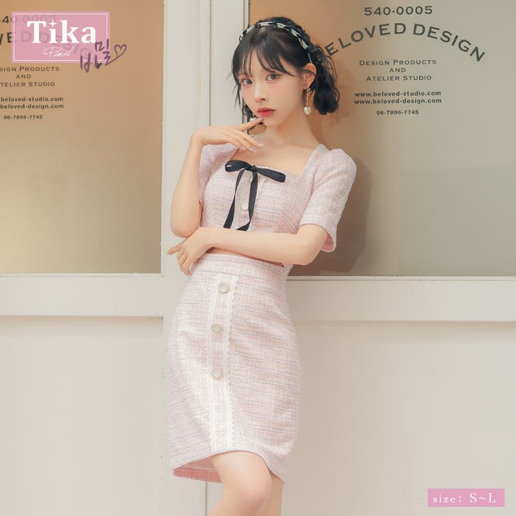 Tika スクエアネック×ウエストカットツイードタイトミニドレス 韓国ドレス ガーリードレス 袖あり 半袖 カットアウト リボン キャバドレス キャバ ドレス S-Lサイズ ピンク 緩苺 Tika ティカ ワンピース・ドレス