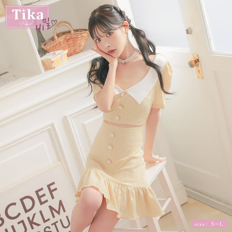 【10%OFFクーポン!7/26(日)1:59まで】Tika 襟付きウエストカット裾フリルワッフルタイトミニドレス 韓国ドレス ガーリードレス 袖あり 半袖 カットアウト キャバドレス キャバ ドレス S-Lサイズ イエロー 緩苺 Tika ティカ ワン|SHOPLIST