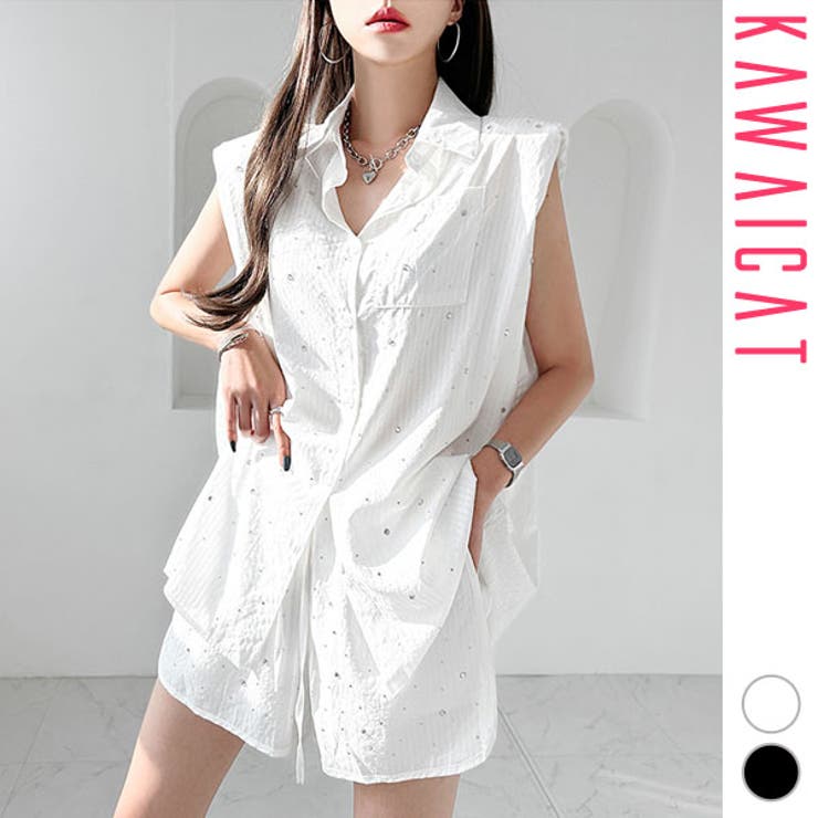 【10%OFFクーポン!7/26(日)1:59まで】KawaiCat セットアップ レディース アンサンブル ノースリーブ シャツ ショートパンツ 上下セット カジュアル おしゃれ 春 夏 韓国 to26309 ワンピース・ドレス|SHOPLIST