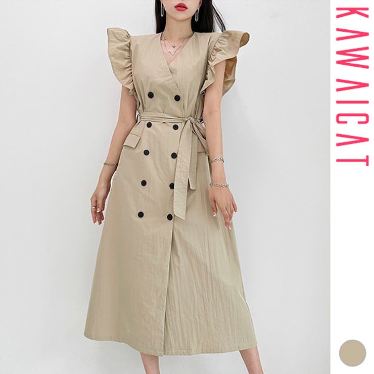 【10％OFFクーポン！7/26(日)1:59まで】KawaiCat ワンピース レディース ノースリーブ フレア Aライン ロング丈 マキシ丈 ミモレ丈 ハイウエスト Vネック カシュクール ダブルボタン 上品 おしゃれ きれいめ 春 夏 韓国 to2｜SHOPLIST