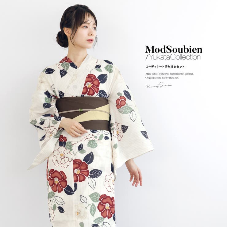 【10％OFFクーポン！7/26(日)1:59まで】SOUBIEN 浴衣 セット レディース 浴衣セット 半幅帯 2025 3点セット 簡単 涼しい 白 赤 薄ベージュ 椿 レトロ 和モダン 花柄 綿 大人 おしゃれ 可愛い 帯 下駄 フリーサイズ 浴衣｜SHOPLIST