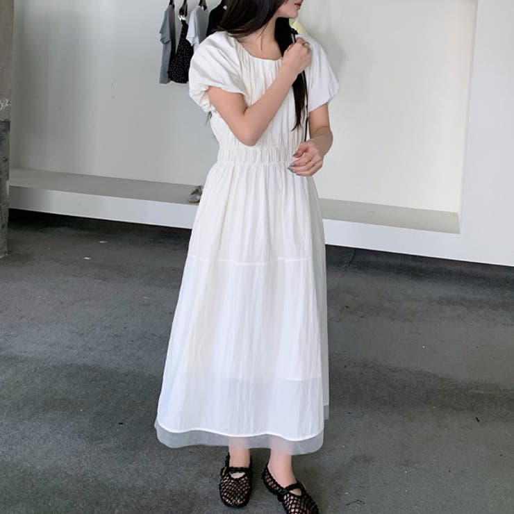 スピード競技レディース 労働者の一団素っ首 ギャザー パフ捩り ロング 衣装 半袖 夏 夏時 レディース 成人女性 無地 単色 一色つや パフ袖 ぽわん袖 ロング丈 抜け感 女子らしい 窈窕たる 好いたらしいめ 大