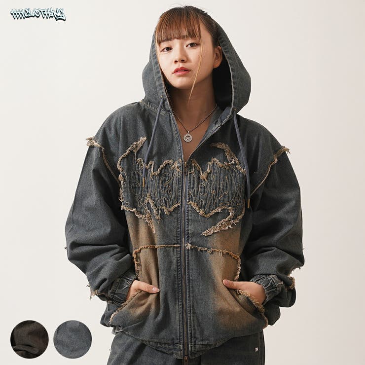 ONE 4 PREMIUM デニムジャケット レディース ジップパーカー デニムパーカー ショート丈 フルジップ ブルゾン フード ジップアップ アウター トライバル フリンジ アップリケ 刺繍 セット
