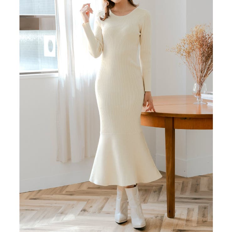 JULIA BOUTIQUE カラバリマーメイドニットワンピース [24555 長袖 ロング丈 マキシ丈 きつい 無地 Uのど首 レディース ] 衣裳・御召しもの