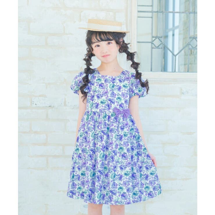 【10％OFF引き換え証！5/16(土)1:59まで】moononnon お子さん服 お姉さん 衣装 前掛けスコート 春夏 半袖 日本製 綿100％ コットンフォーマル お出かけ着 お子さん お子さん服 花柄 シュロの葉 裏地あり ジッパー 青色 120c キッズファッション-ワンピース