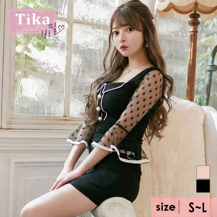 【10％OFFクーポン！7/26(日)1:59まで】Tika Tika 韓国キャバドレス ドット柄シースルーベルスリーブスクエアネック韓国ミニドレス タイトドレス 袖あり 七分袖 襟つき S-Lサイズ ブラック 黒崎みさ ワンピース・ドレス｜SHOPLIST