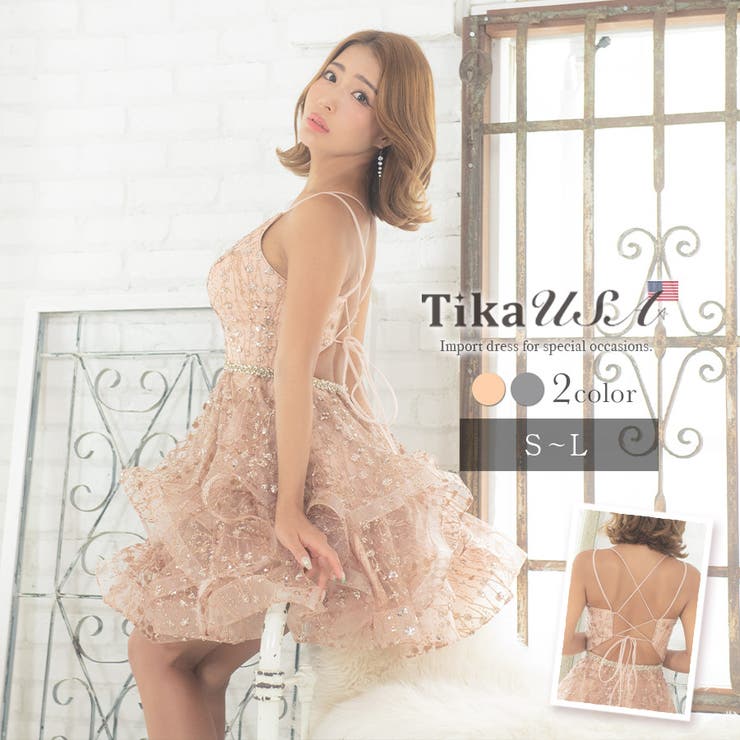 【10％OFFクーポン！5/7(木)9:59まで】Tika バックシャンボリュームフリルミニドレス キャバドレス キャバ ドレス 袖なし キャミソール オープンバック S-Lサイズ ピンクベージュ ブルーグレー 橋本梨菜 一条響 L.Aインポートドレス