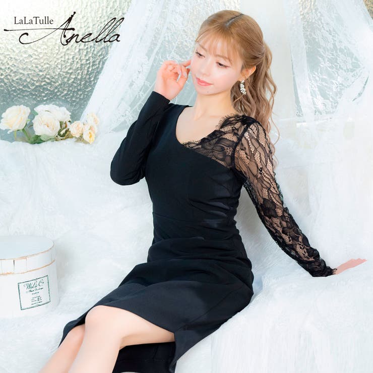 Tika Tika 韓国キャバドレス アシンメトリーレーススリーブミディアムドレス 色っぽい御召しもの 窈窕たる 袖あり 長袖 スピード競技袖 非対称 アシメ S-L大きさ 黒いこと 一条響 Anella アネラ LaLaTulle ララチュール ワンピ