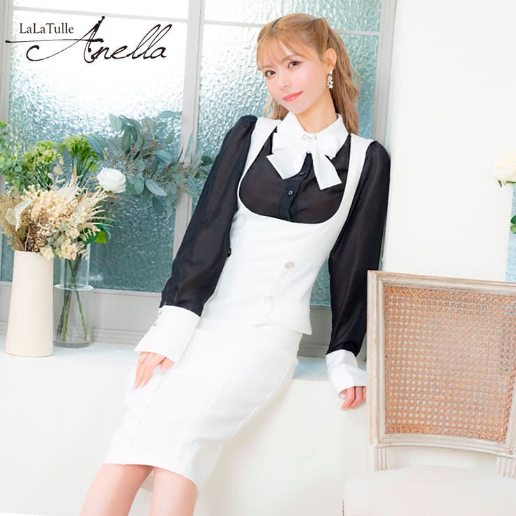 【10％OFF引き換え証！6/11(木)1:59まで】Tika モノトーンネックリボンブラウス×ミディアムサロペットドレス 韓国お召しもの ガーリードレス 雅びやか 袖あり 長袖 シアー袖 セットアップ 襟付き添い人 キャバドレス キャバ お召しもの S-L大きさ ブ
