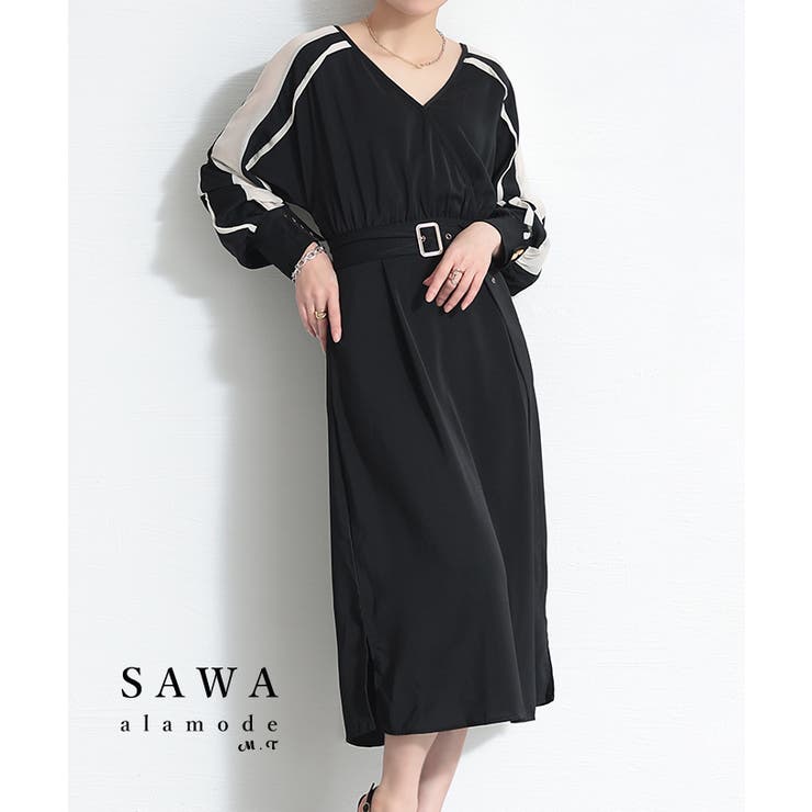 【10％OFFクーポン！7/26(日)1:59まで】Sawa a la mode 綺麗見えするMIXスタイル配色ラインワンピース レディース ファッション ワンピース 配色 ライン Vネック ボリューム袖 ベルト ミモレ 無地 ブラウス 30代 40代｜SHOPLIST