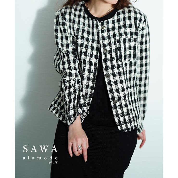 【10%OFFクーポン!7/26(日)1:59まで】Sawa a la mode 正統派な綺麗めスタイルツイード調チェックジャケット レディース ファッション アウター ジャケット チェック ツイード 長袖 ポケット 羽織り 黒 春 秋 30代 40代|SHOPLIST
