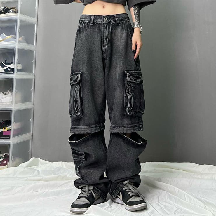 【10％OFFクーポン券！6/11(木)1:59まで】ililil NOVESSEL【ノベセル】セパレートデニムカーゴパンツ/全1色ルーズデニムパンツ 広々とした ジーンズ ジーンズズボン下 視覚性系 V系 ズボン下 レディース 流行り物 服 韓国系 メンヘ