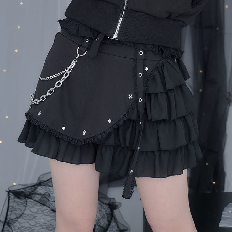 【10％OFFクーポン！7/26(日)1:59まで】ililil 地雷ちゃんの病みかわチェーン付きフリルスカート?恋と沼の狭間?/全1色フリルスカート ミニスカート ブラック 黒 スカート パンツ ミニスカート レディース V系 地雷系 メンヘラ サブカ｜SHOPLIST