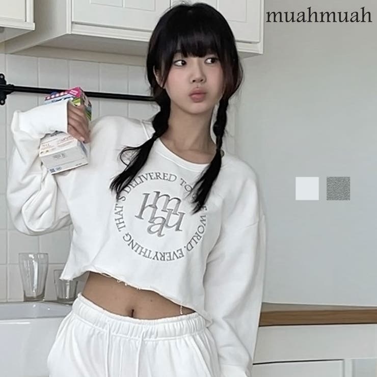 【10％OFF引き換え証！6/11(木)1:59まで】DAESE TOKYO muahmuah ムーアムーア STITCH LOGO CROP MTM/ステッチロゴクロップスウェットシャツ/全2色 韓国ブランド名 韓国流行り物 トップス 遊撃手丈 クロ