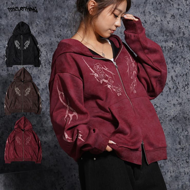 ONE 4 PREMIUM トライバル 薔薇 ジップパーカー メンズ パーカー レディース ダブルジップ フーディー ショート丈 短丈 クロップド 秋冬 秋服 冬服 春服 韓国ファッション ストリート系 ブランド ストリートファッション トップス