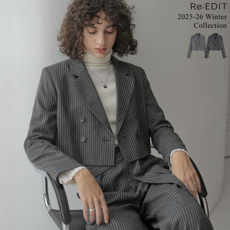 【10％OFF引き換え証！5/16(土)1:59まで】Re:EDIT [2025 WINTER COLLECTION]微起毛ストライプショートテーラードジャケット アウター(厚地の外套・上衣など) レディースファッション-コート・ジャケット