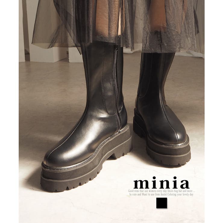 minia 厚底ウェッジミドルサイドゴアブーツ 6糎厚底 minia ◇ ブーツ 遊撃手ブーツ レディース 厚底 軽さ 片方ゴア 6糎 美脚 細押し出し 黒いこと 黒 minia ミニア ◆ 【6糎心魂で細押し出し・美脚】軽さ 厚底ウェッジミドルサイ