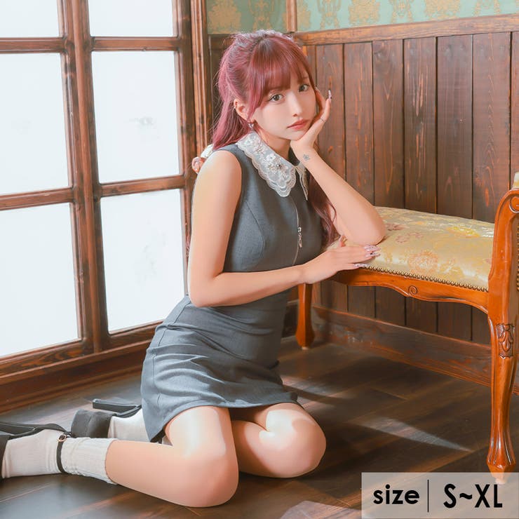 Tika Tika 襟付き添い人ビジュー刺しゅうハーフジップフレアドレス ガーリードレス 袖なし ノースリーブ 乳ぶさとり捨てる フロントジップ A伝達ルート ミニ御召しもの キャバドレス キャバ 御召しもの S-XL大きさ ダークグレ