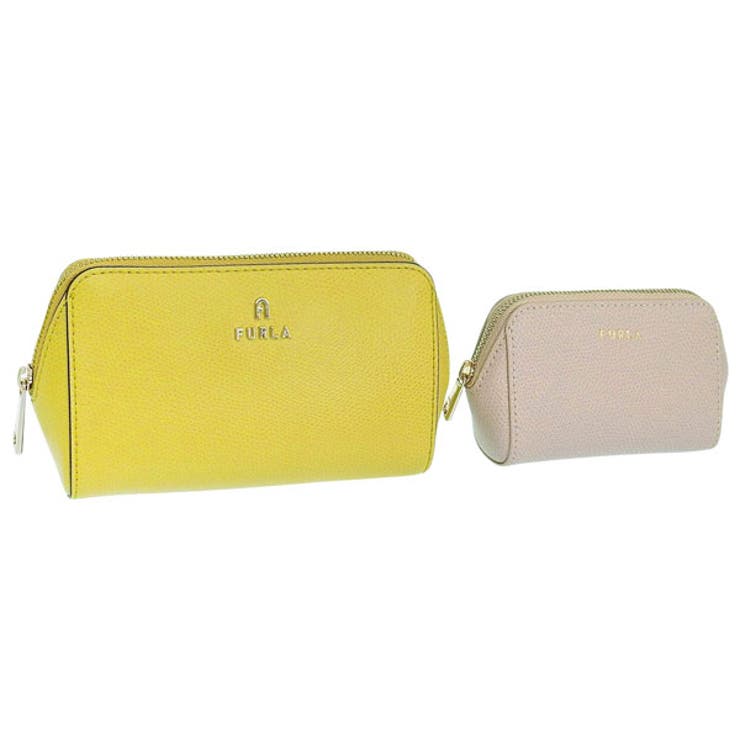【10％OFFクーポン券！6/11(木)1:59まで】Riverall FURLA フルラ コスメポーチ かざり付ける合切袋 レディース 2個仕掛ける 逃げ口 なめし革 黄色/ベージュ カメリア CAMELIA M COSMETIC CASE SET VIT
