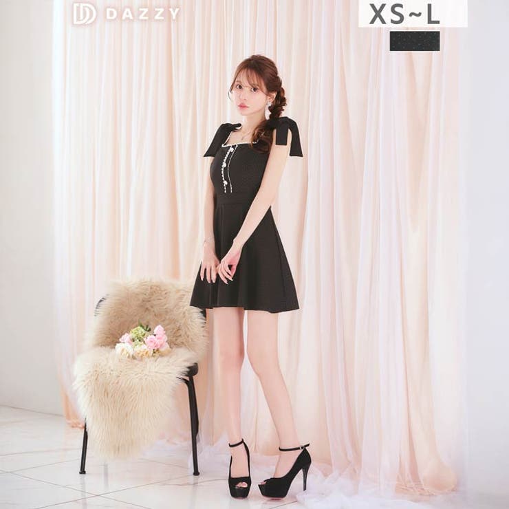 【10％OFFクーポン！7/26(日)1:59まで】Dazzy さりげなドット柄とリボンショルダーがCUTEガーリー！Aラインミニ丈キャバドレス[XS?L/4サイズ展開] ワンピース・ドレス｜SHOPLIST 7,781円