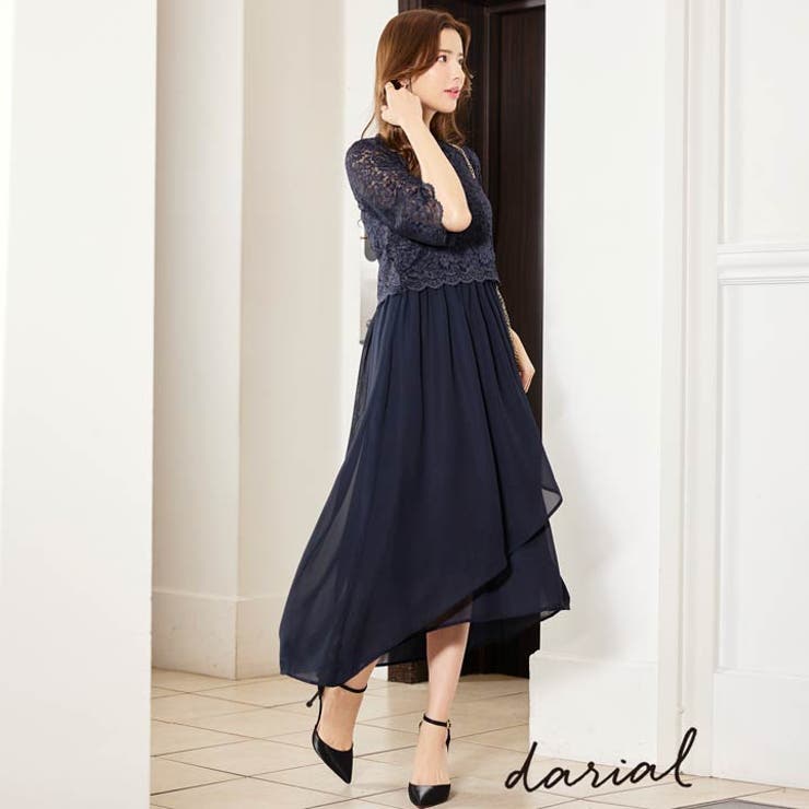 【10％OFFクーポン！7/26(日)1:59まで】Dazzy キャバドレス ワンピース レディース ワンカラー シフォン フラワー レース 五分袖 ロング ワンピース ワンピース・ドレス｜SHOPLIST