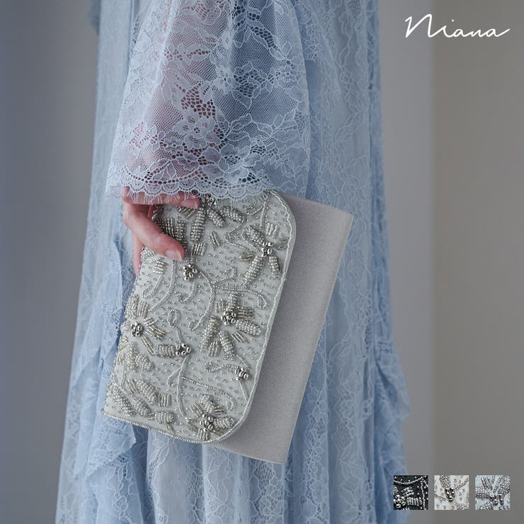 Fashion Letter niana ニアナ 御花ビーズ刺しゅうクラッチペダル御徒面子 寄りあい御徒面子 2way 繻子 真四角 ミニ ショルダーバッグ 肩かけ 曲がったがけ パウダーコンパクト 御芽出度 お呼ばれ