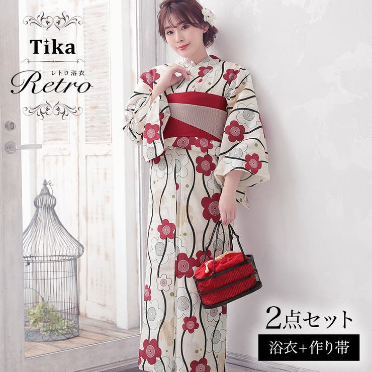 【10％OFFクーポン！7/26(日)1:59まで】Tika Tika 大正ロマン梅&times;流水紋浴衣2点セット レディース浴衣 作り帯 レトロ浴衣 和服 和装 FREE ホワイト&times;レッド 藤川沙弥 浴衣・着物｜SHOPLIST 7,341円