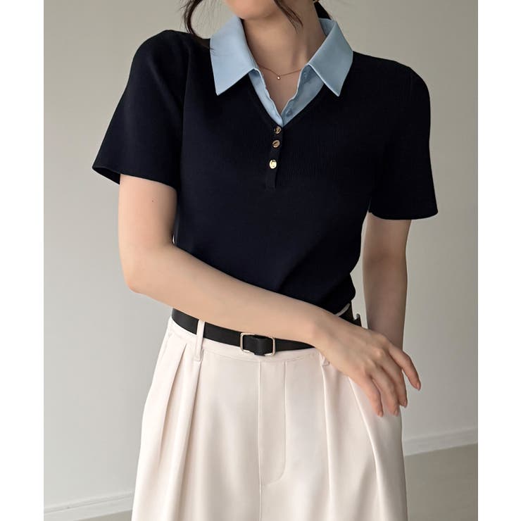 JUNOAH シャツレイヤード半袖ニットトップス トップス