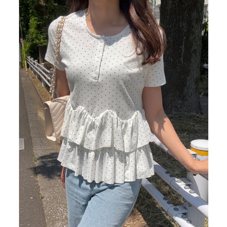 【10％OFF引き換え証！6/11(木)1:59まで】JUNOAH ドットヘンリーネックペプラムトップス トップス
