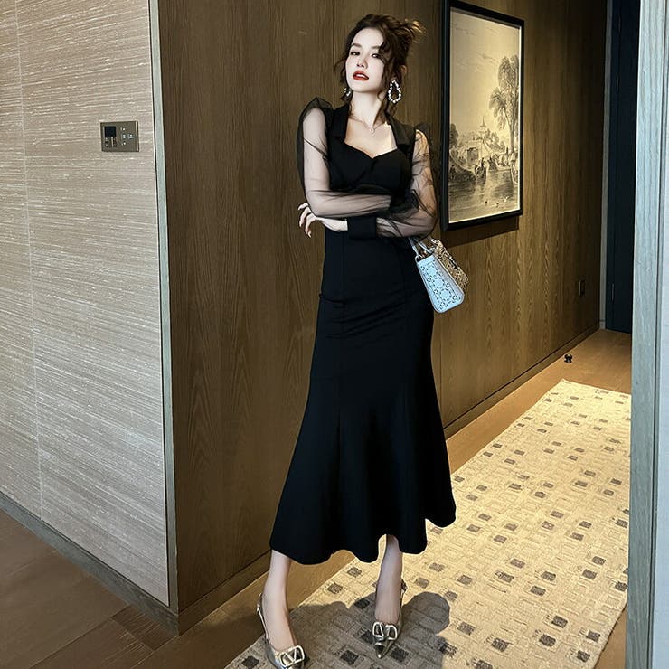 【10％OFFクーポン券！6/11(木)1:59まで】JS FASHION ロング衣裳 人魚 襟付き添い人 カクテルドレスルー 寄り合い御召しもの かっこいい 黒いこと御召しもの 黒 きつい 衣裳 長袖 ロング丈 好いたらしいめ 細押し出し 晴れ晴れしい今めかしい 雅びやか 一緒になる
